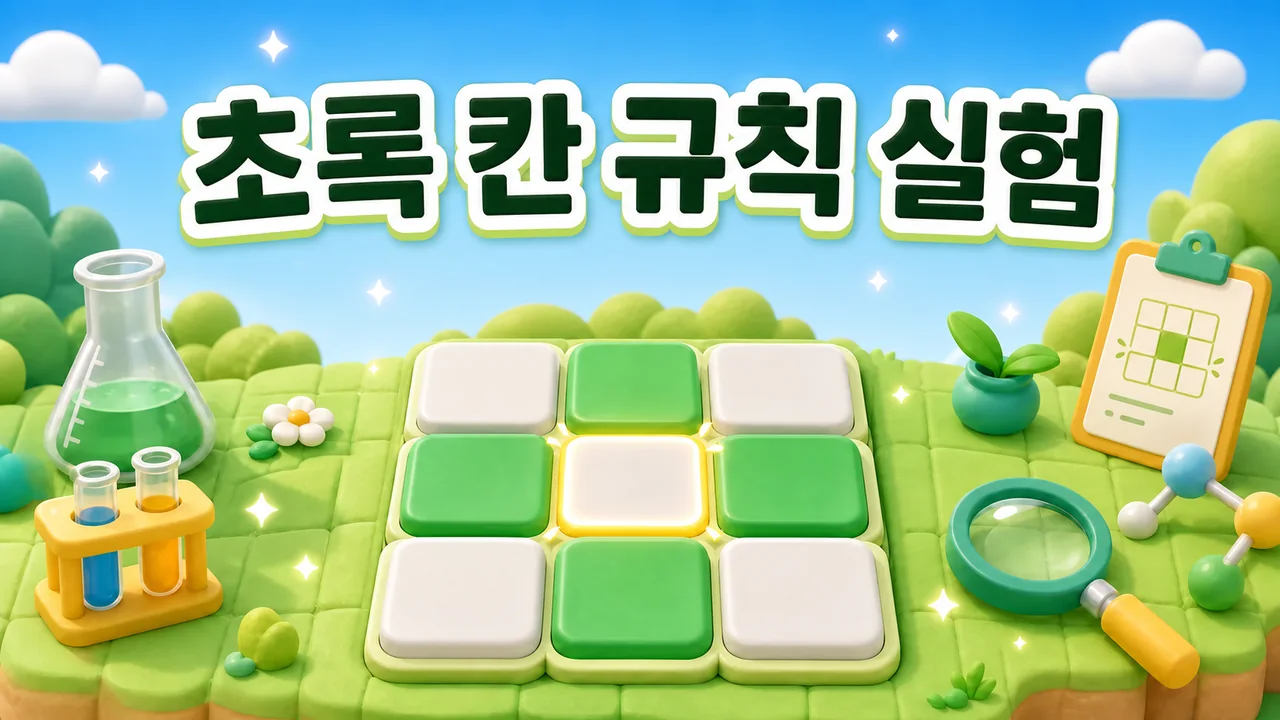 초록 칸 규칙 실험. 주위 8칸을 세고 다음 모습을 맞혀요.